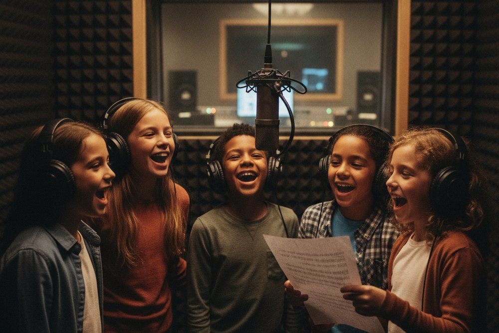 Des enfants avec des casques audio autour d'un micro dans la cabine d'enregistrement