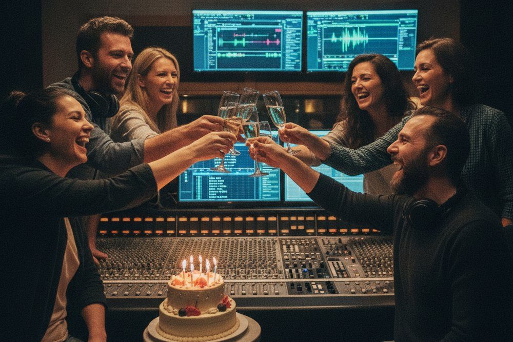 Un groupe d'amis trinque au champagne dans la régie du studio, un gâteau d'anniversaire aux bougies allumées posé sur la console