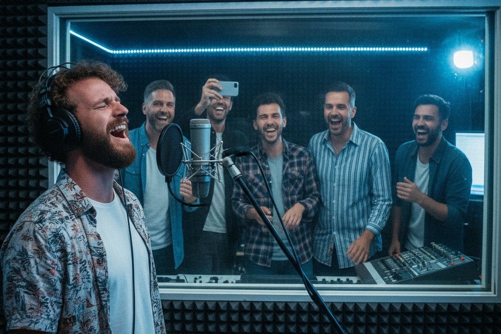 Un homme chante au micro dans la cabine pendant que ses amis rient derrière la vitre, l'un le filme avec son téléphone
