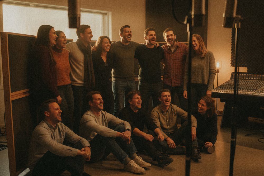 Un groupe de quinze personnes réuni dans le studio d'enregistrement, certains assis par terre, deux micros au premier plan