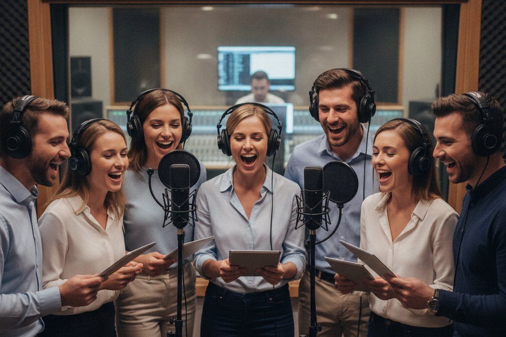 Huit collègues chantent ensemble autour de deux micros dans le studio d'enregistrement, la régie visible derrière la vitre